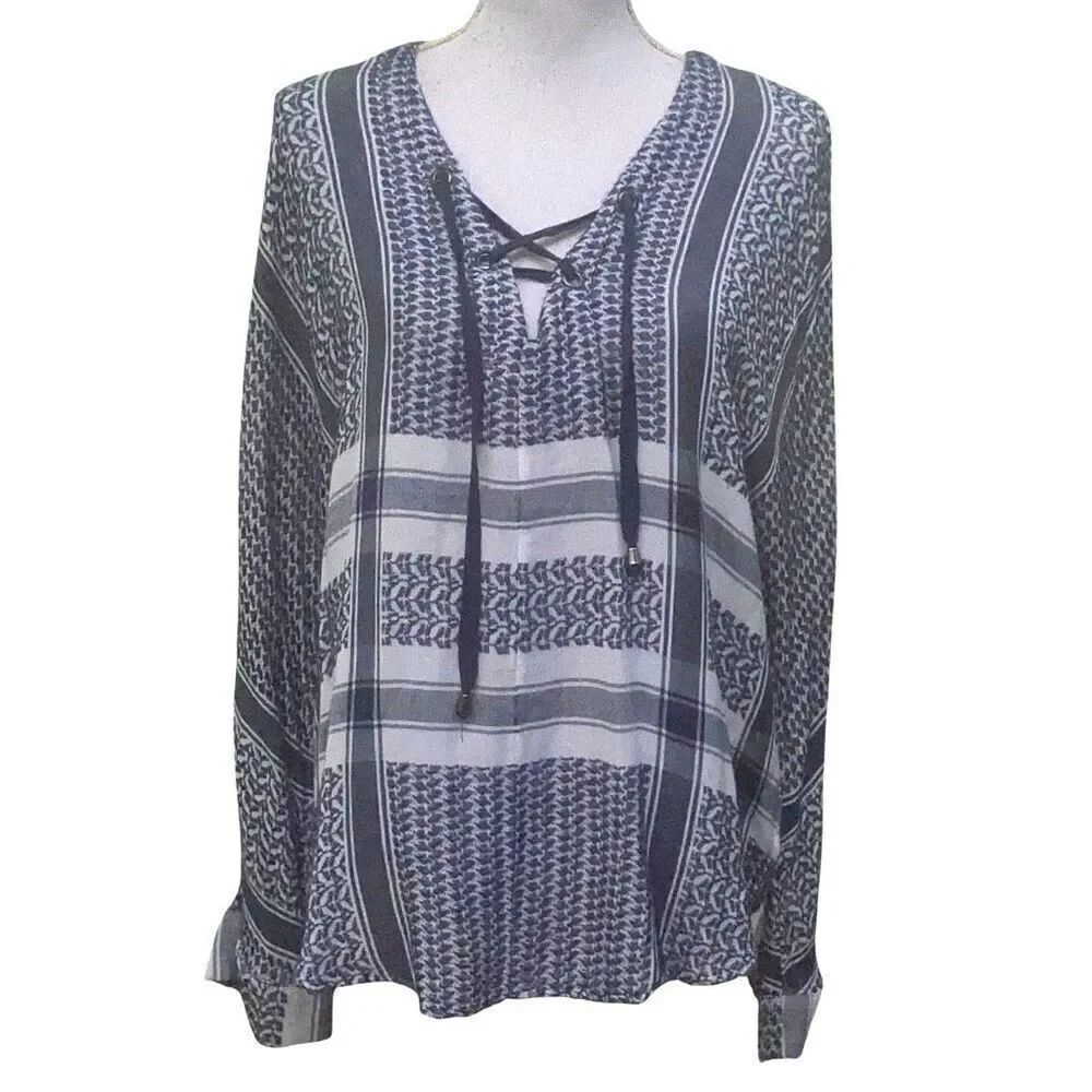 Rails Women’s Blue White Boho Geometric Print Long Sleeve Blouse Top Size Large